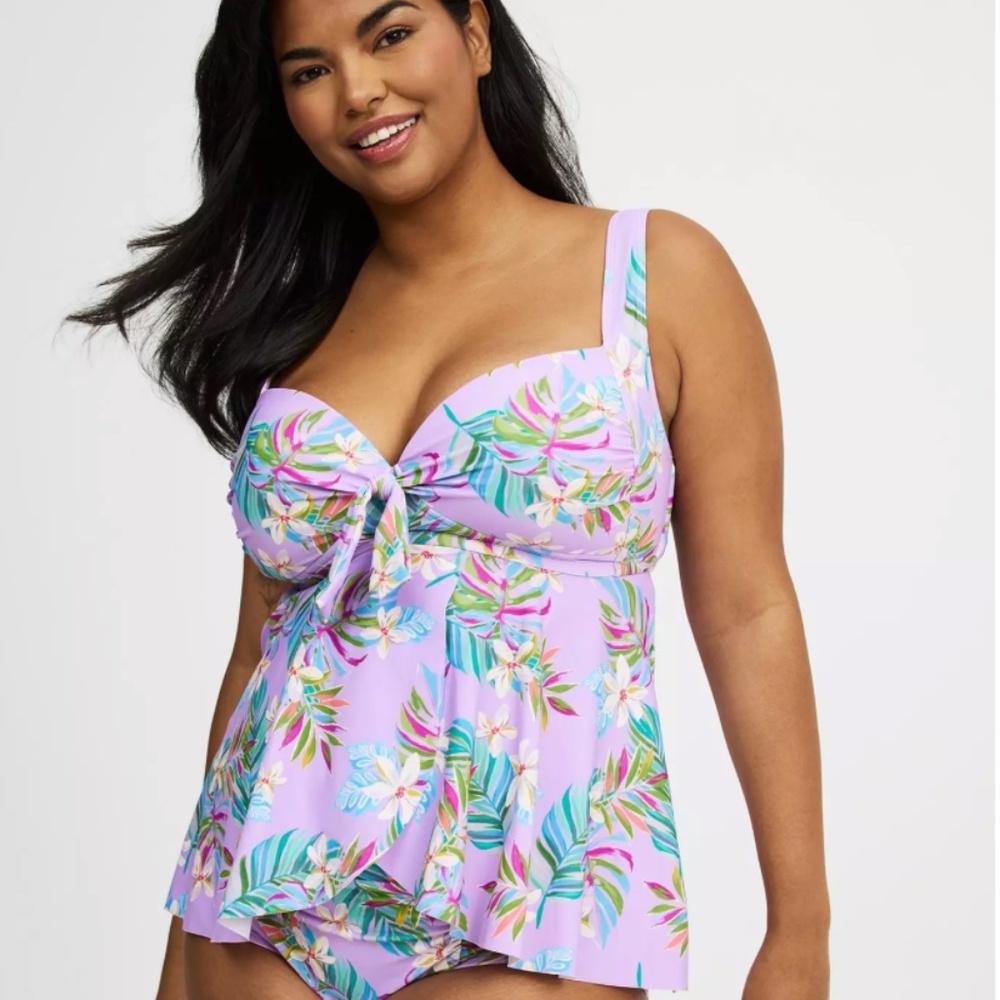 TORRID Wireless Babydoll Tie-Front Tankini Top Purple Tropical Floral NEW